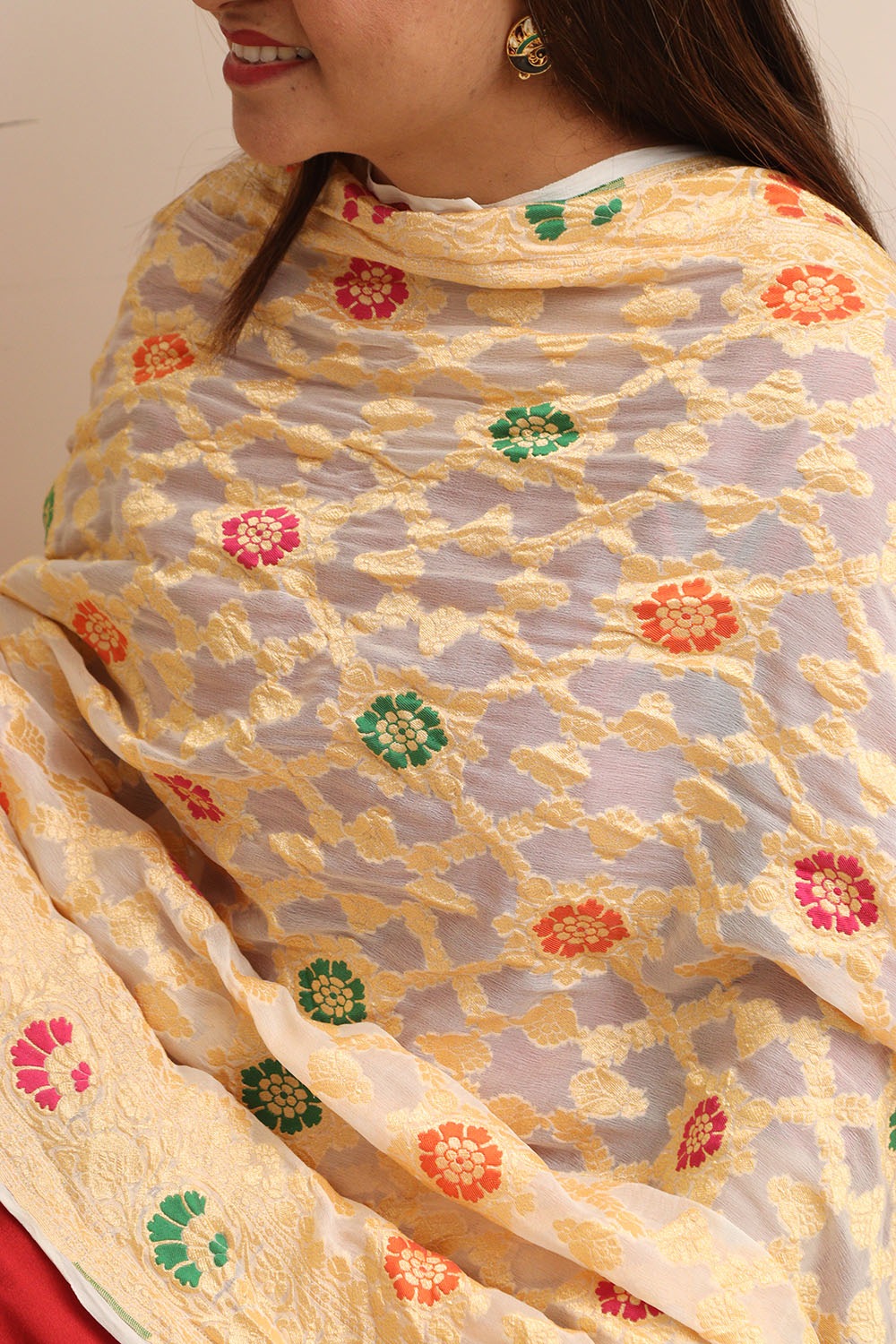 Dyeable Meenakari Flower Design Banarasi Pure Georgette Dupatta - Luxurion World- Crafted Heirlooms