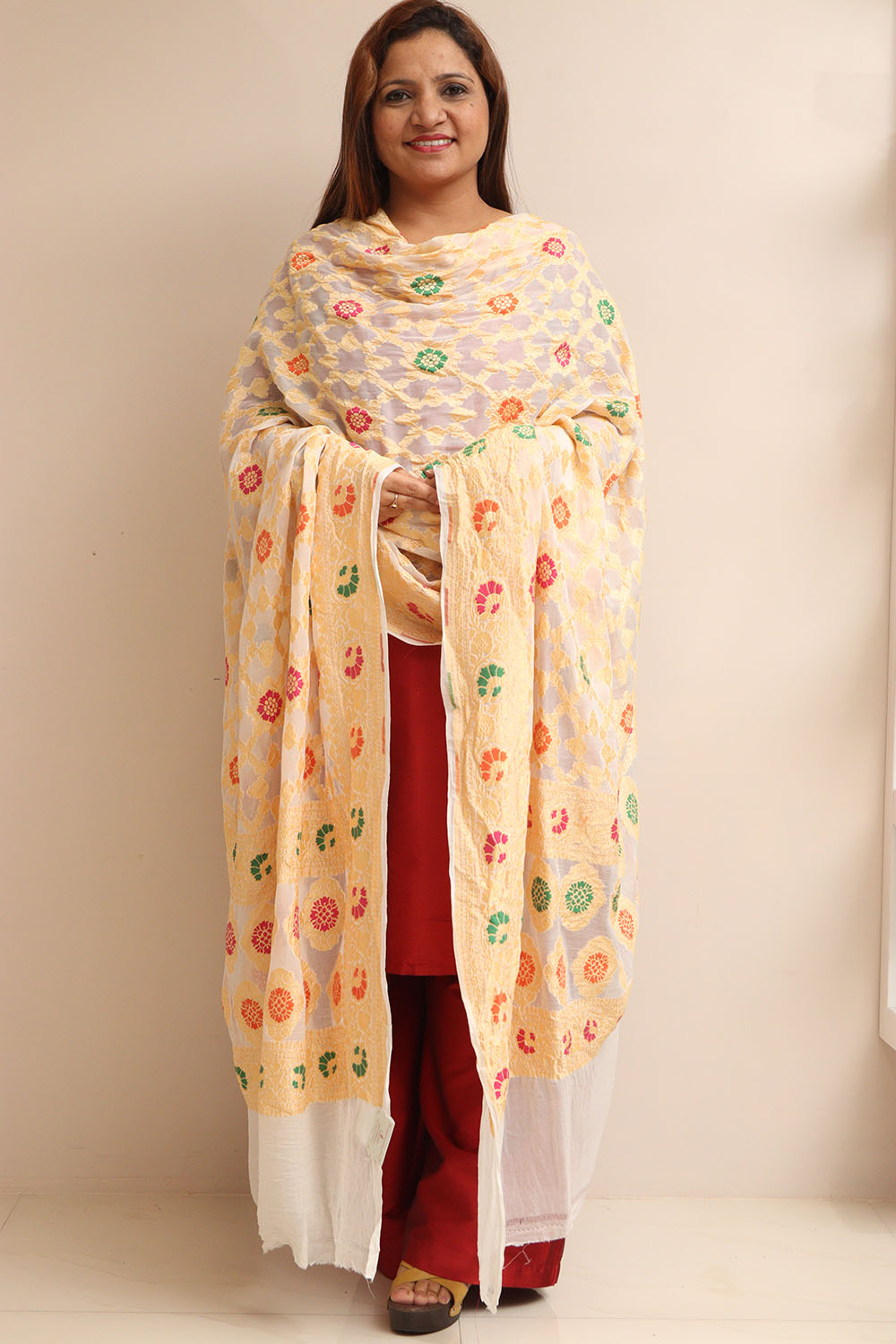 Dyeable Meenakari Flower Design Banarasi Pure Georgette Dupatta - Luxurion World- Crafted Heirlooms