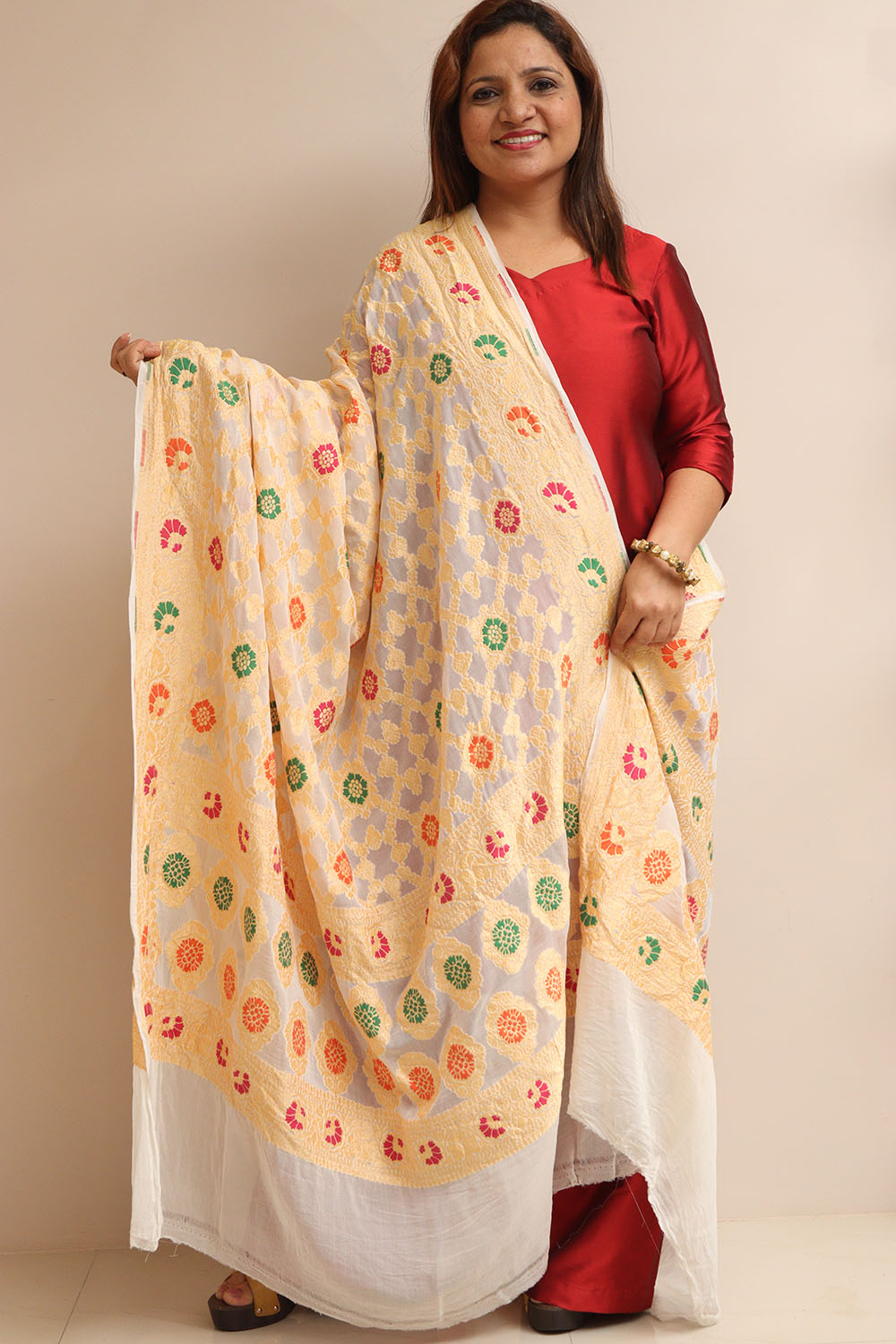 Dyeable Meenakari Flower Design Banarasi Pure Georgette Dupatta - Luxurion World- Crafted Heirlooms