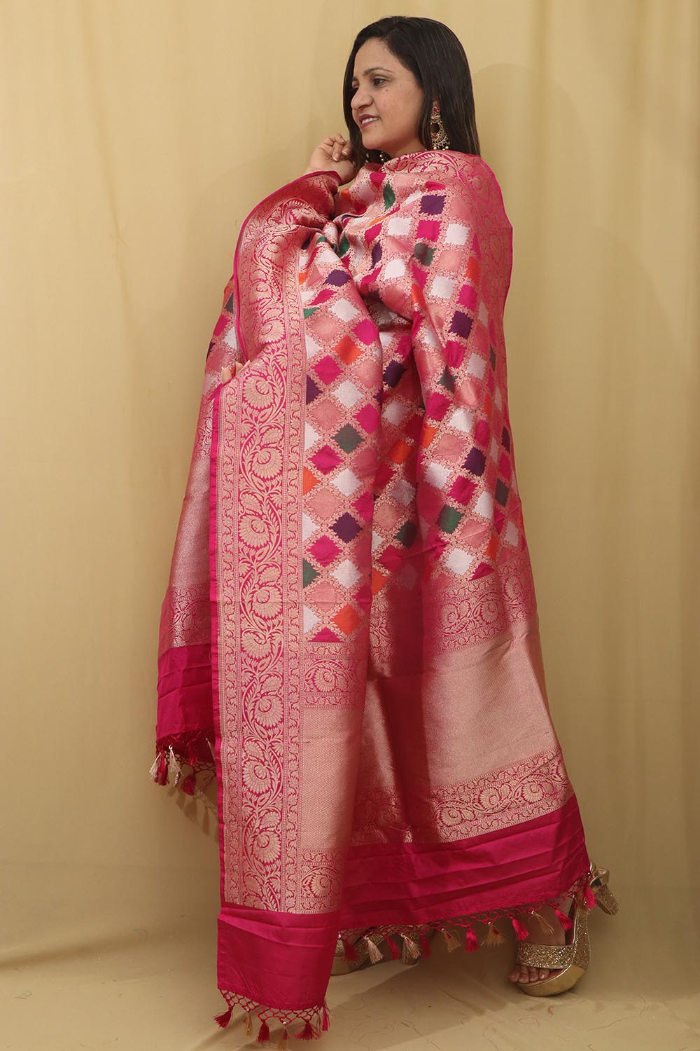 Multicolor Banarasi Handloom Pure Katan Silk Rangkat Dupatta - Luxurion World