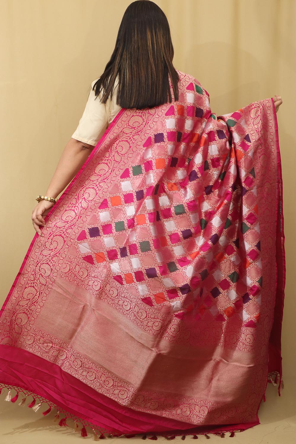 Multicolor Banarasi Handloom Pure Katan Silk Rangkat Dupatta - Luxurion World
