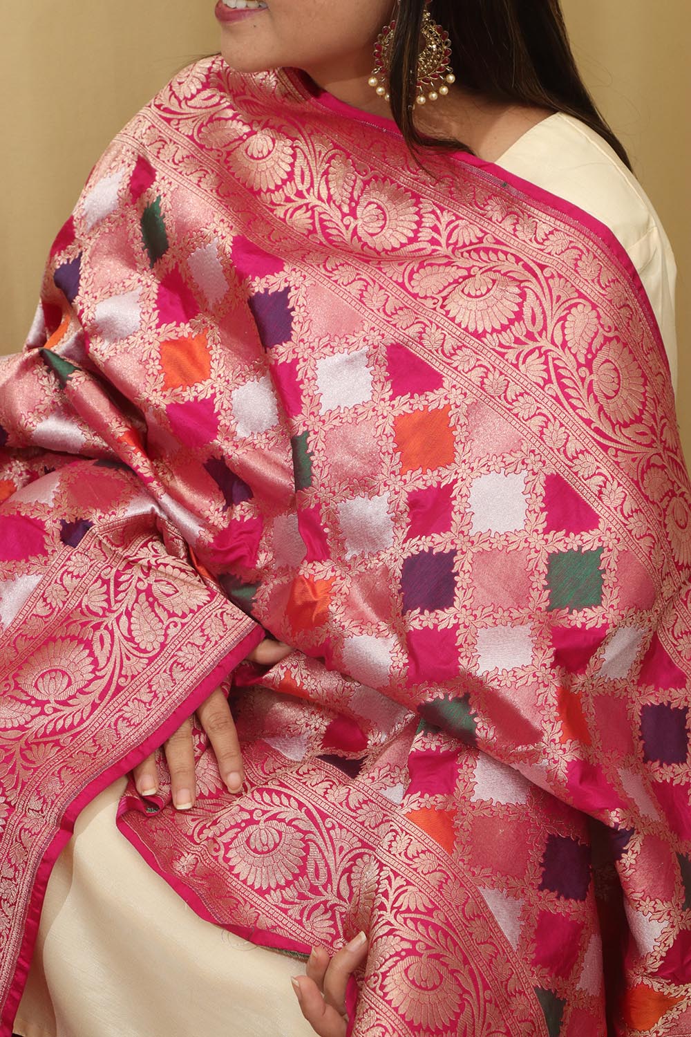 Multicolor Banarasi Handloom Pure Katan Silk Rangkat Dupatta - Luxurion World