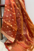 Orange Banarasi Handloom Pure Tissue Silk Dupatta - Luxurion World