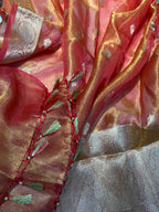 Orange Banarasi Handloom Pure Tissue Silk Dupatta - Luxurion World