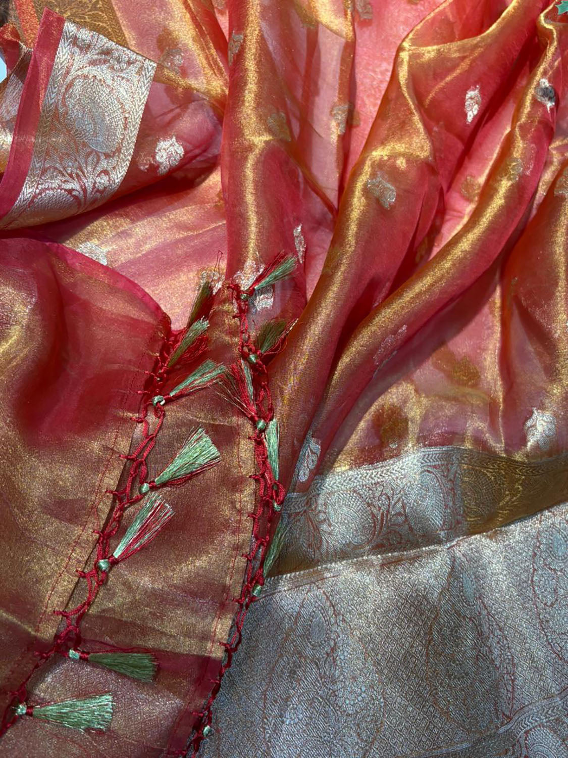 Orange Banarasi Handloom Pure Tissue Silk Dupatta - Luxurion World