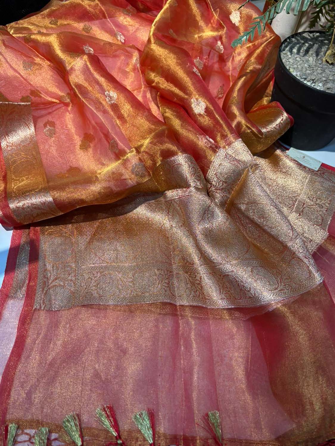 Orange Banarasi Handloom Pure Tissue Silk Dupatta - Luxurion World