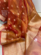 Orange Banarasi Handloom Pure Tissue Silk Dupatta - Luxurion World