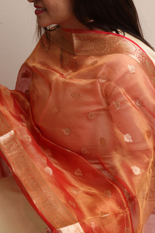 Orange Banarasi Handloom Pure Tissue Silk Dupatta - Luxurion World