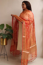 Orange Banarasi Handloom Pure Tissue Silk Dupatta - Luxurion World