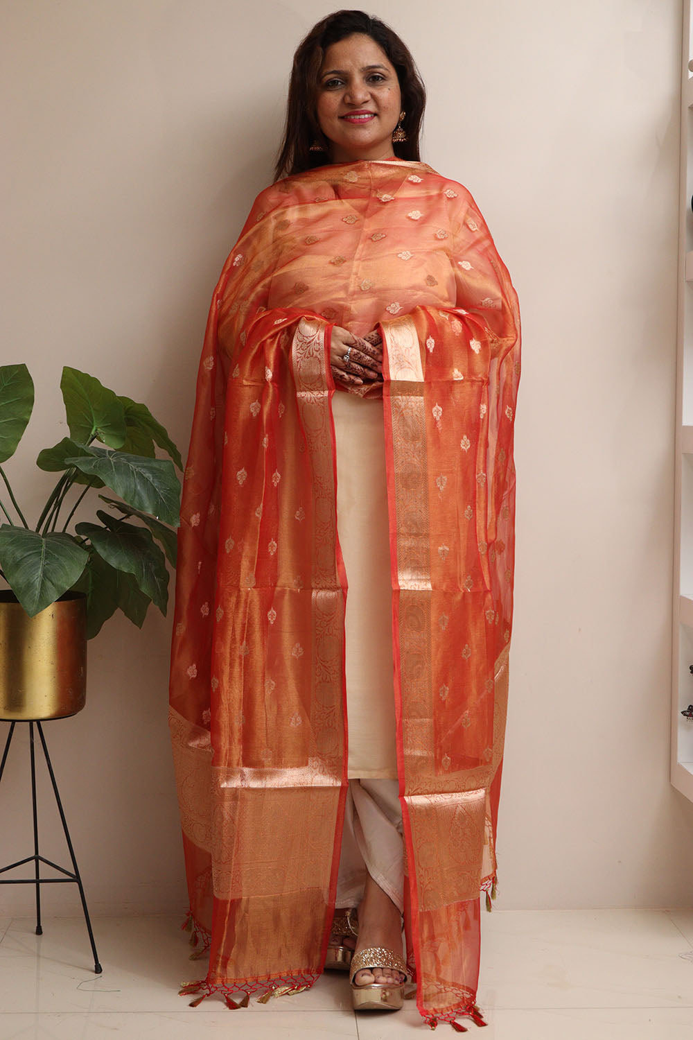 Orange Banarasi Handloom Pure Tissue Silk Dupatta - Luxurion World