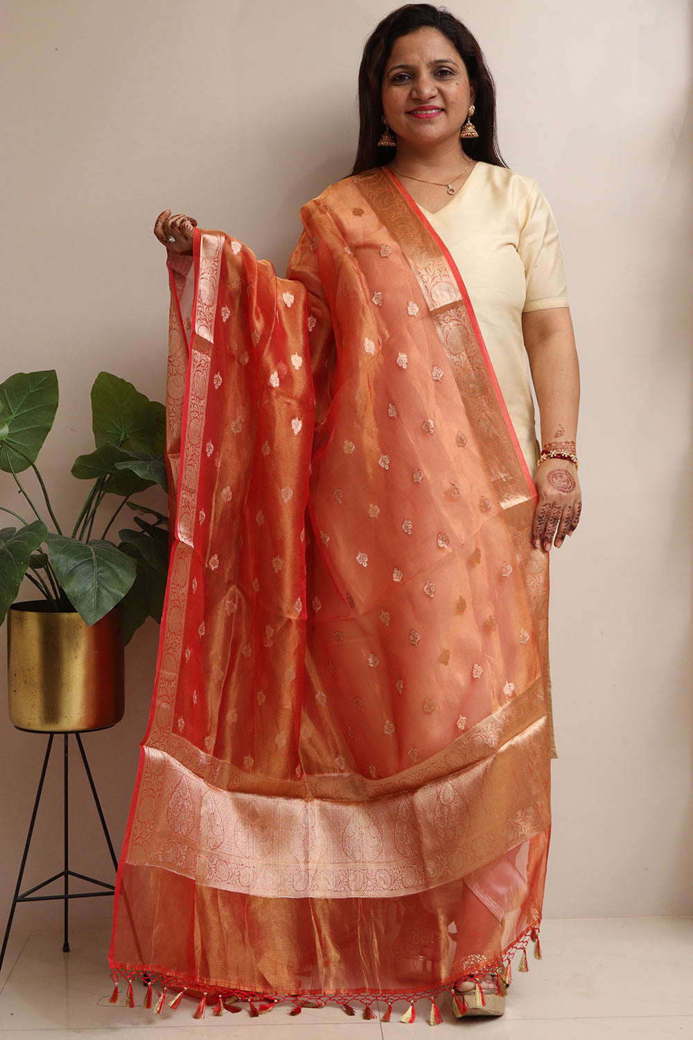 Orange Banarasi Handloom Pure Tissue Silk Dupatta - Luxurion World