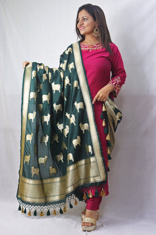 Stunning Green Banarasi Silk Cow Design Dupatta - Luxurion World