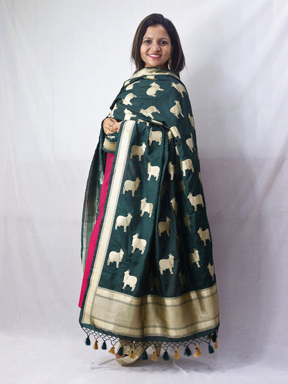 Stunning Green Banarasi Silk Cow Design Dupatta - Luxurion World