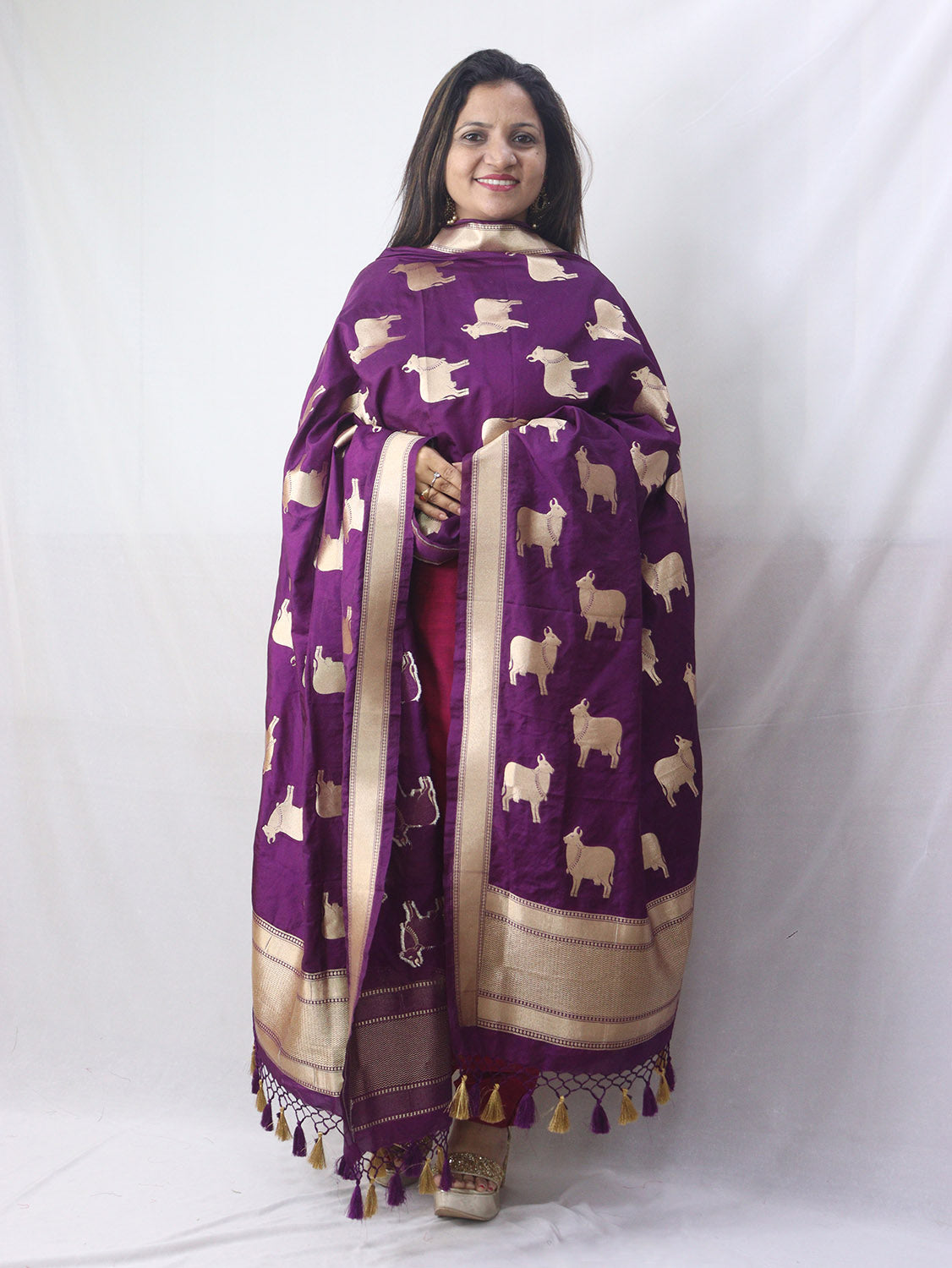 Stunning Purple Banarasi Silk Cow Design Dupatta - Luxurion World