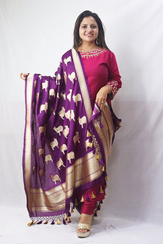 Stunning Purple Banarasi Silk Cow Design Dupatta - Luxurion World
