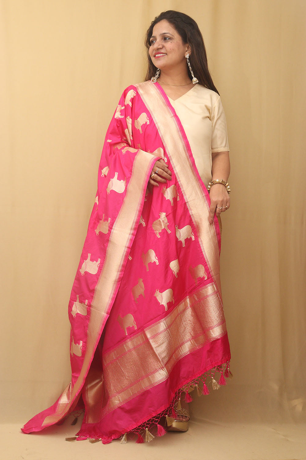 Stunning Pink Banarasi Silk Cow Design Dupatta - Luxurion World