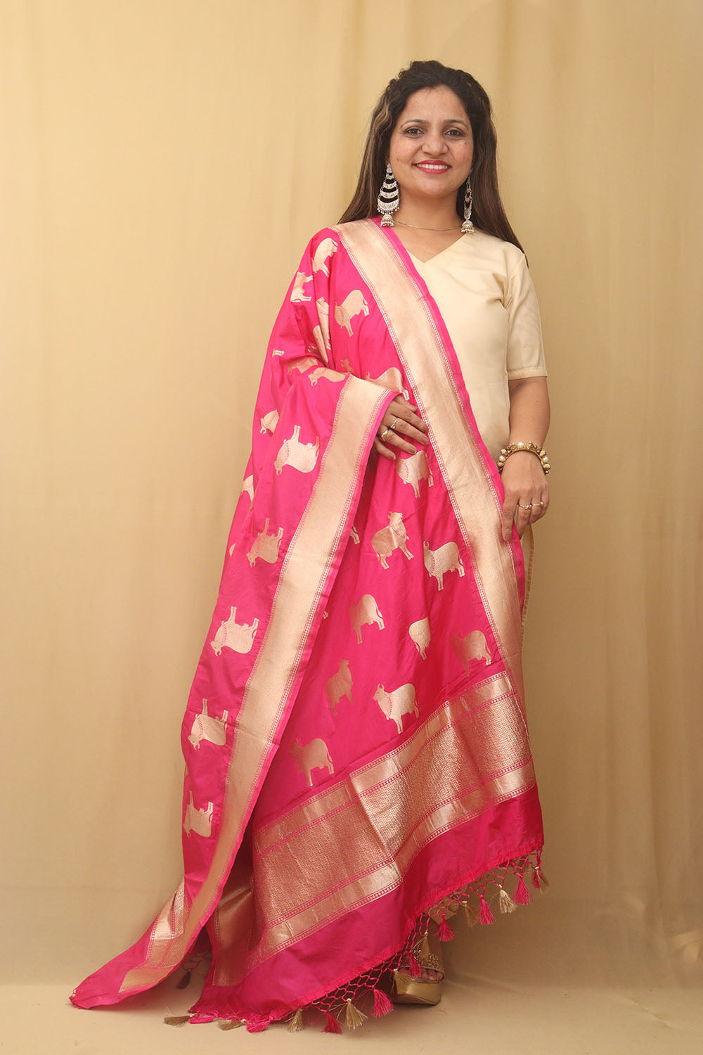 Stunning Pink Banarasi Silk Cow Design Dupatta - Luxurion World