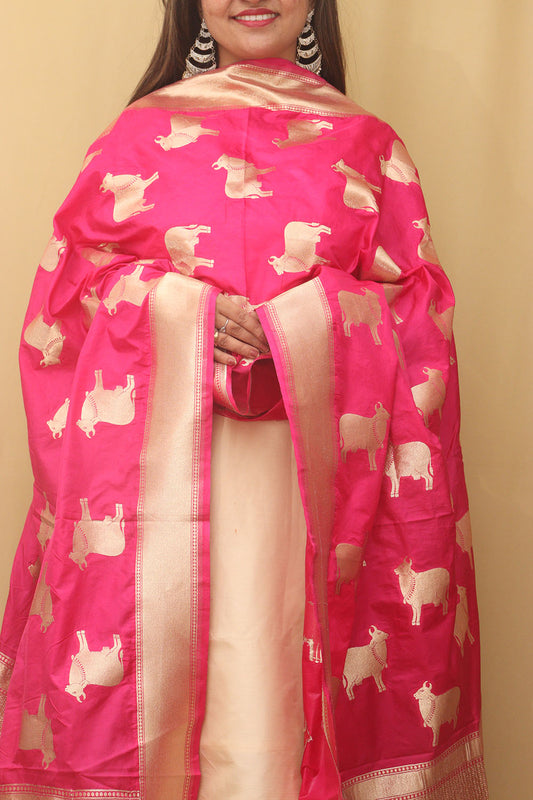 Stunning Pink Banarasi Silk Cow Design Dupatta
