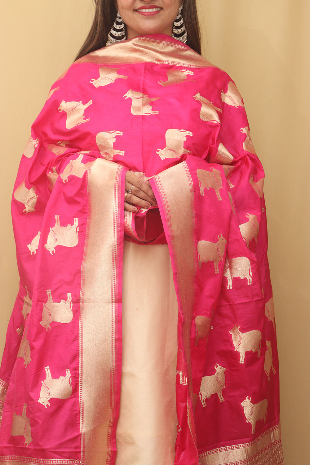 Stunning Pink Banarasi Silk Cow Design Dupatta - Luxurion World