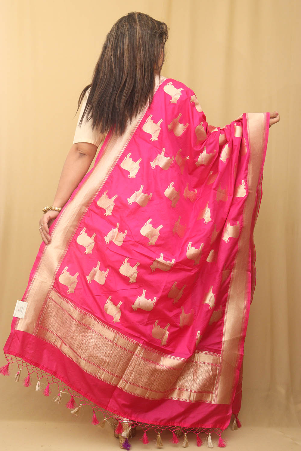 Stunning Pink Banarasi Silk Cow Design Dupatta - Luxurion World