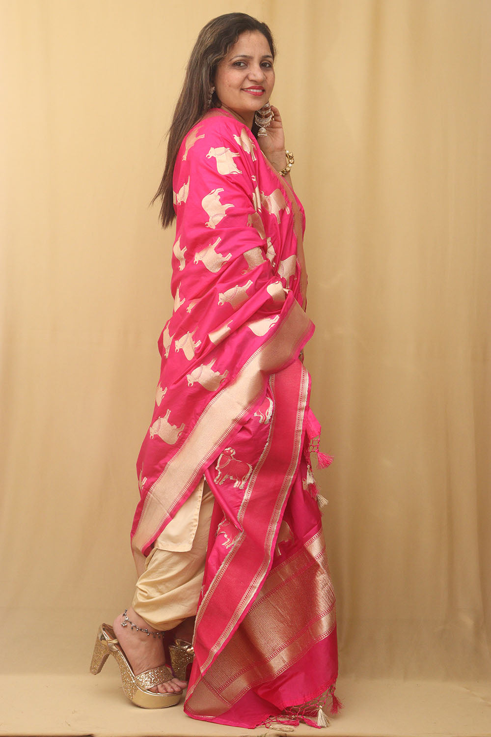 Stunning Pink Banarasi Silk Cow Design Dupatta - Luxurion World