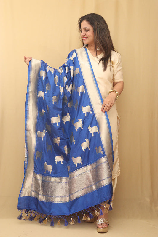 Stunning Blue Banarasi Silk Cow Design Dupatta - Luxurion World