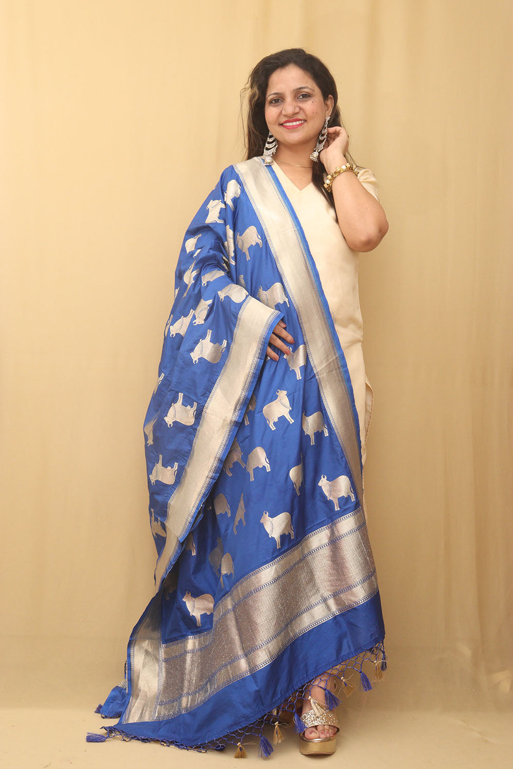 Stunning Blue Banarasi Silk Cow Design Dupatta - Luxurion World