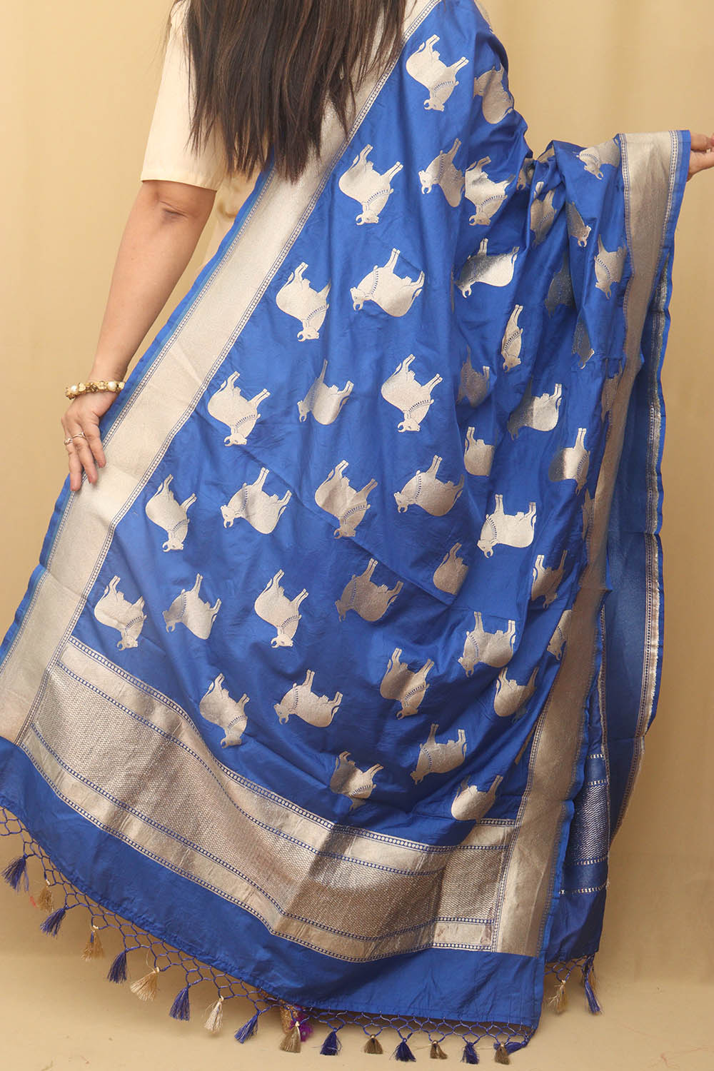 Stunning Blue Banarasi Silk Cow Design Dupatta - Luxurion World