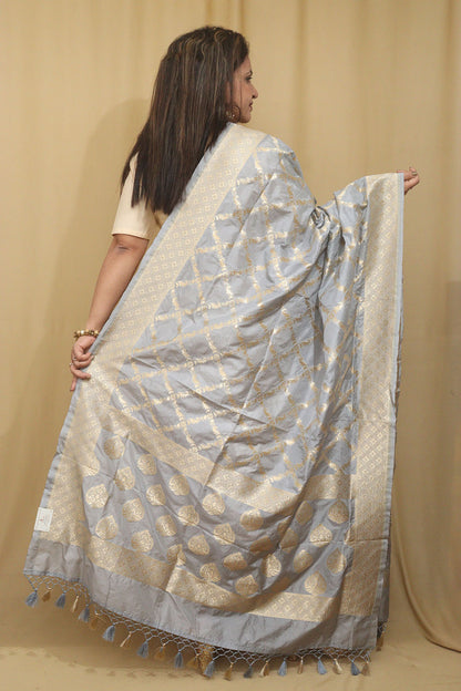 Timeless Beauty: Elegant Grey Banarasi Silk Dupatta - Luxurion World