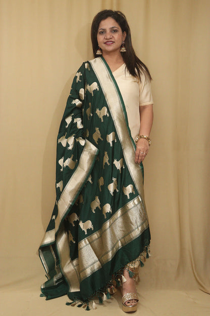 Exquisite Green Banarasi Silk Dupatta with Cow Motif - Luxurion World