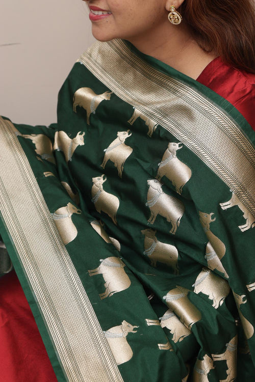 Exquisite Green Banarasi Silk Dupatta with Cow Motif - Luxurion World