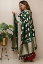 Exquisite Green Banarasi Silk Dupatta with Cow Motif - Luxurion World