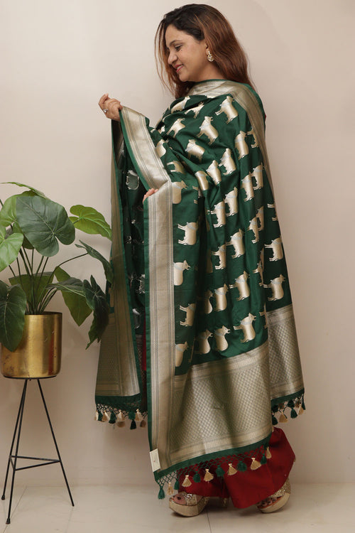 Exquisite Green Banarasi Silk Dupatta with Cow Motif - Luxurion World