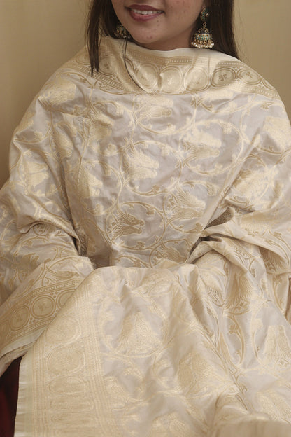 Elegant Parrot Design Dupatta in Pastel Banarasi Silk - Luxurion World