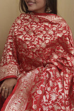Elegant Bright Red Banarasi Silk Shikargah Dupatta: A Timeless Masterpiece - Luxurion World
