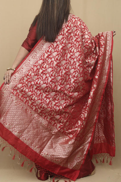Elegant Red Banarasi Silk Shikargah Dupatta: A Timeless Masterpiece - Luxurion World
