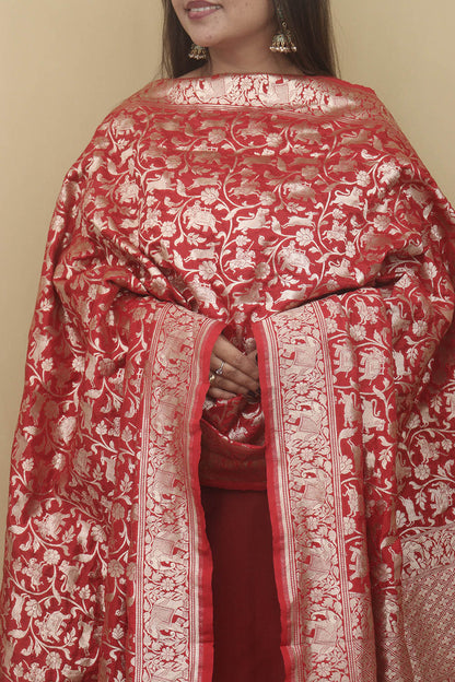 Elegant Red Banarasi Silk Shikargah Dupatta: A Timeless Masterpiece - Luxurion World