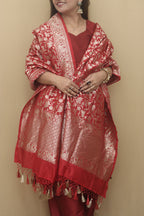 Elegant Bright Red Banarasi Silk Shikargah Dupatta: A Timeless Masterpiece - Luxurion World