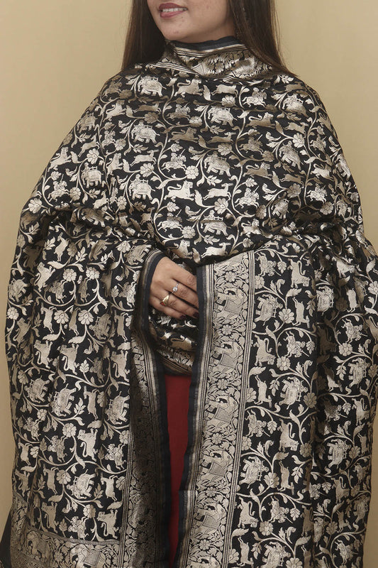 Elegant Black Banarasi Silk Shikargah Design Dupatta - Luxurion World