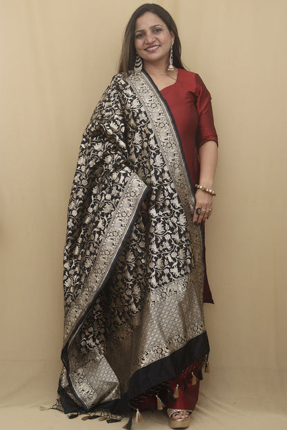 Elegant Black Banarasi Silk Shikargah Design Dupatta - Luxurion World