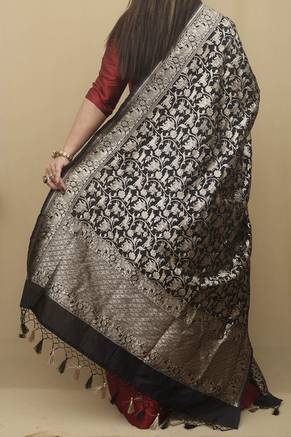 Elegant Black Banarasi Silk Shikargah Design Dupatta - Luxurion World