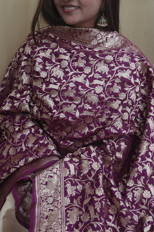 Elegant Purple Banarasi Silk Shikargah Dupatta: A Regal Accessory - Luxurion World
