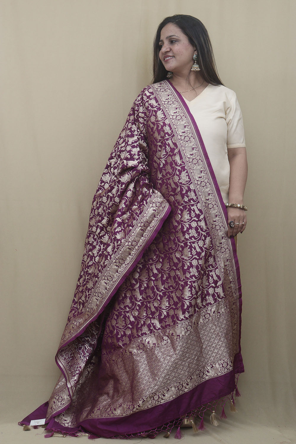Elegant Purple Banarasi Silk Shikargah Dupatta: A Regal Accessory - Luxurion World