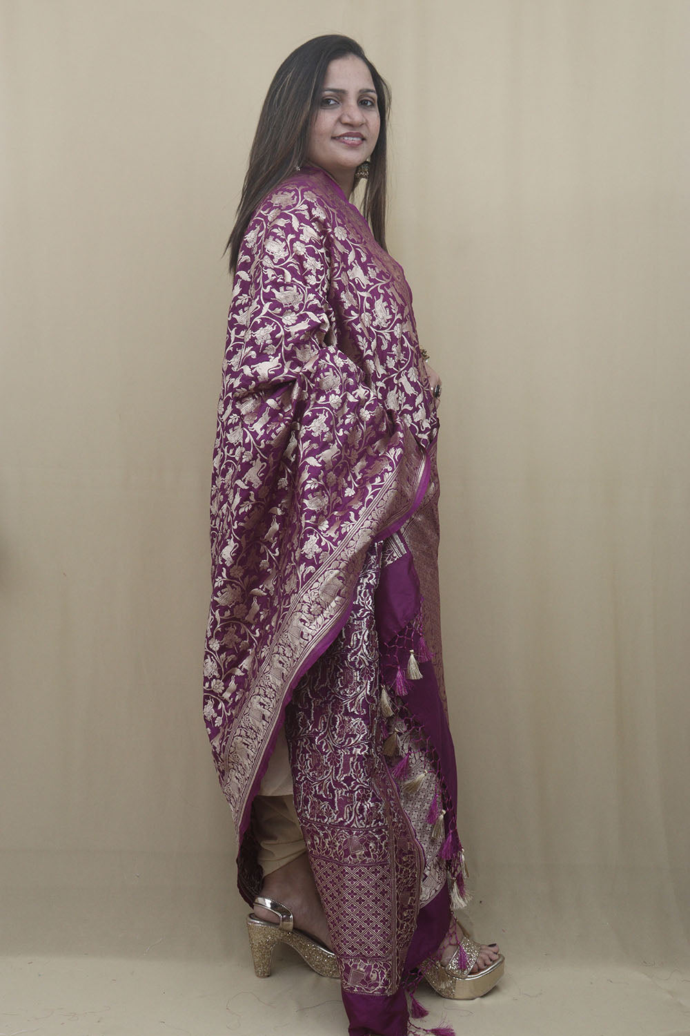 Elegant Purple Banarasi Silk Shikargah Dupatta: A Regal Accessory - Luxurion World