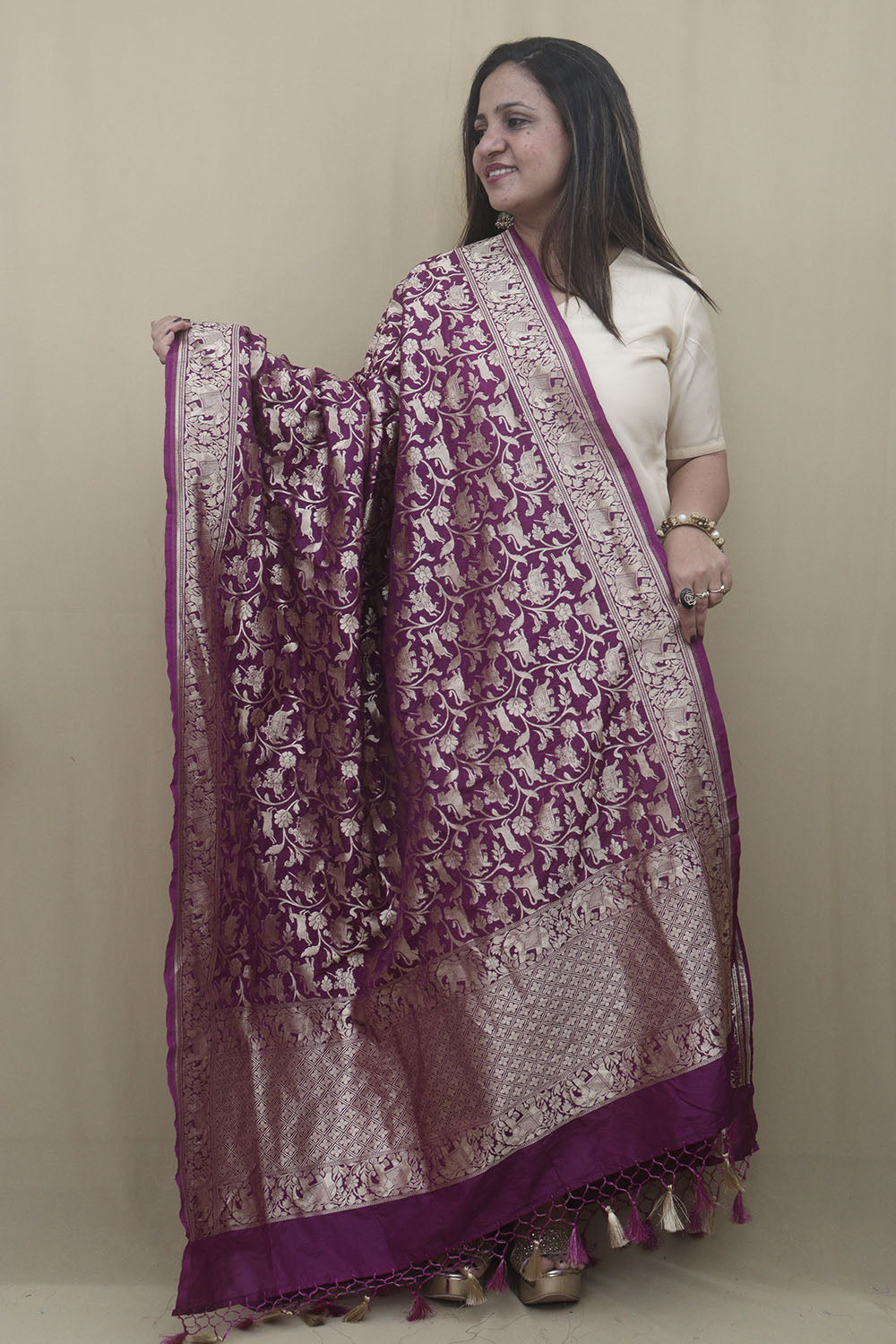 Elegant Purple Banarasi Silk Shikargah Dupatta: A Regal Accessory - Luxurion World