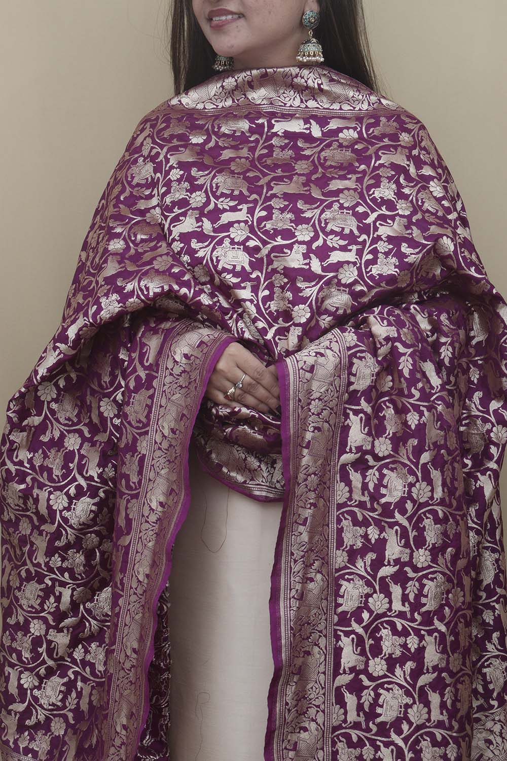 Elegant Purple Banarasi Silk Shikargah Dupatta: A Regal Accessory - Luxurion World