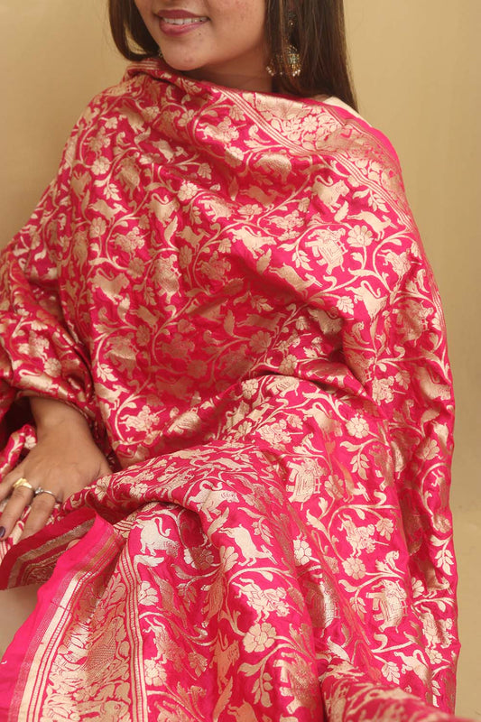 Elegant Pink Banarasi Silk Shikargah Dupatta: A Timeless Masterpiece - Luxurion World