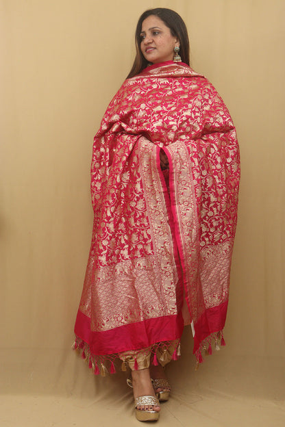 Elegant Pink Banarasi Silk Shikargah Dupatta: A Timeless Masterpiece - Luxurion World