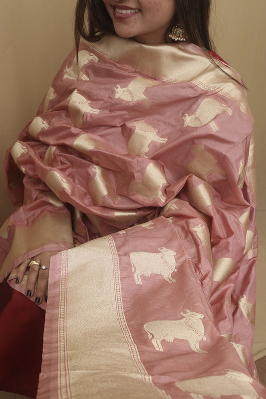 Pink Banarasi Silk Cow Design Dupatta: Elegant Ethnic Charm for Every Occasion
