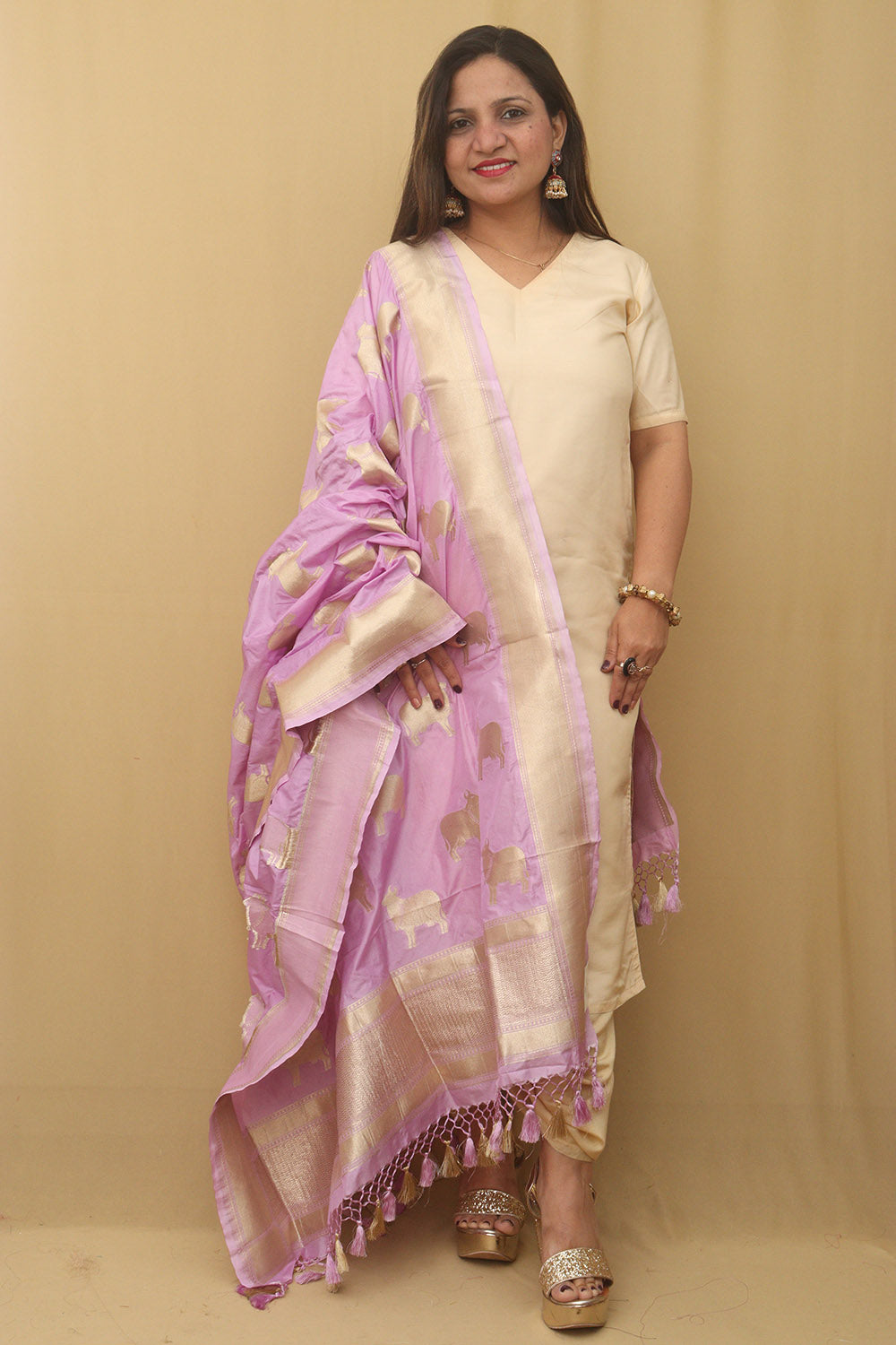 Purple Banarasi Silk Cow Design Dupatta - Luxurion World